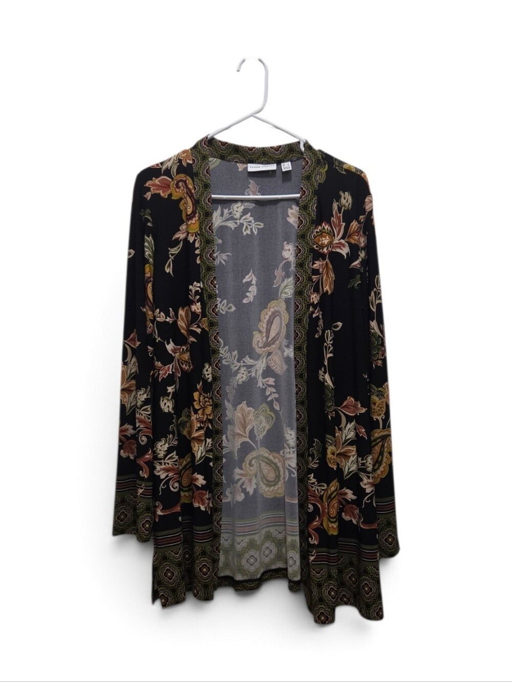 Susan Graver L Black Paisley Floral Open Front Cardigan Duster Boho Border